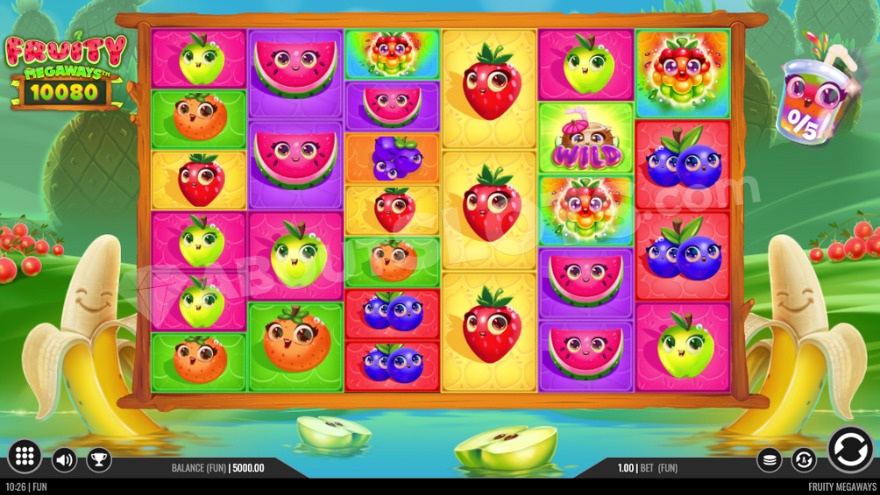Base game with smiling fruits on the reels.
