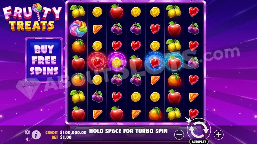 Gameplay of Fruity Treats slot featuring various fruit symbols on the reels.
