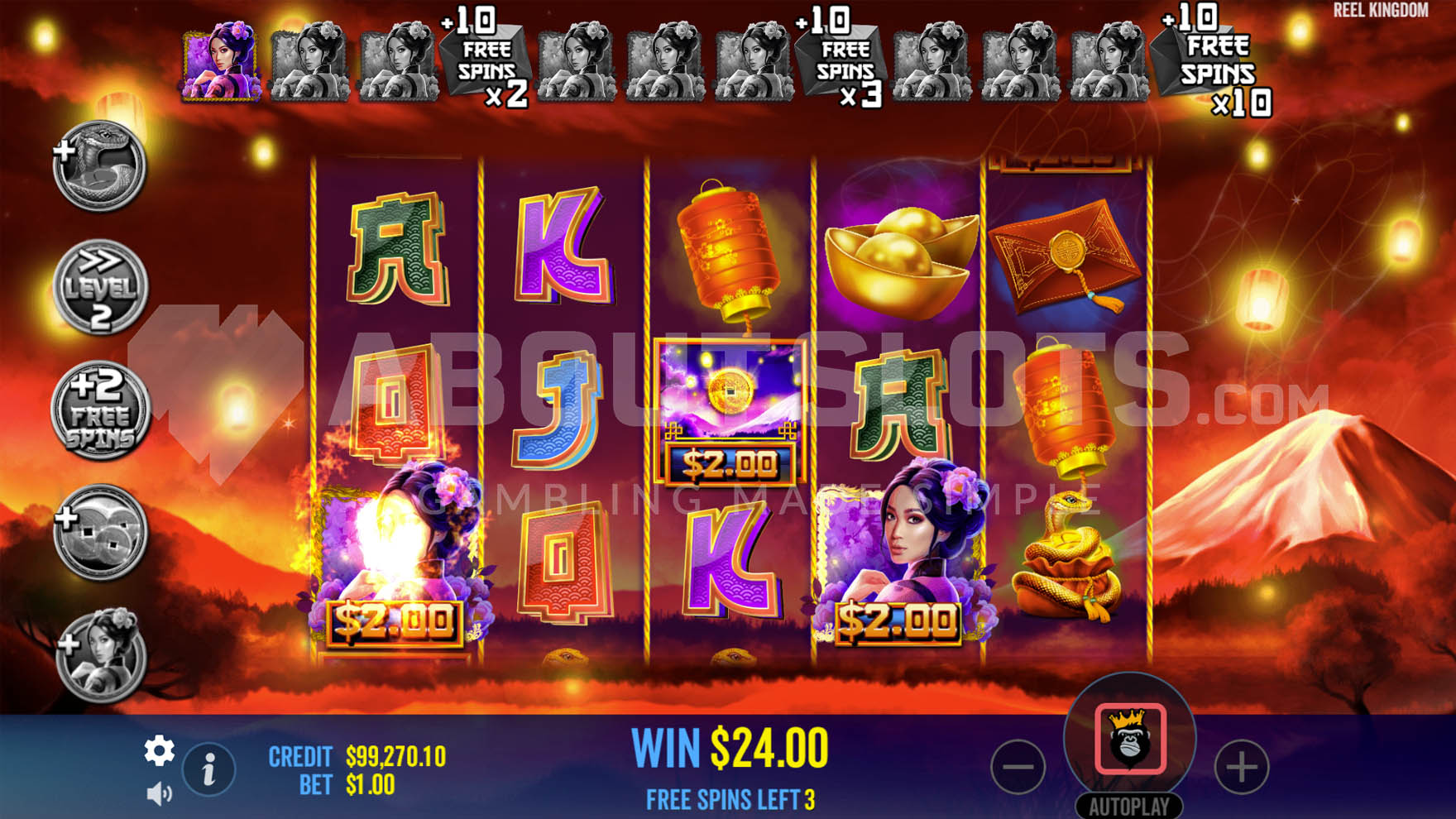 Floating Dragon Year of the Snake Free Spins Bonus Activated with Wild symbols collecting money prizes.