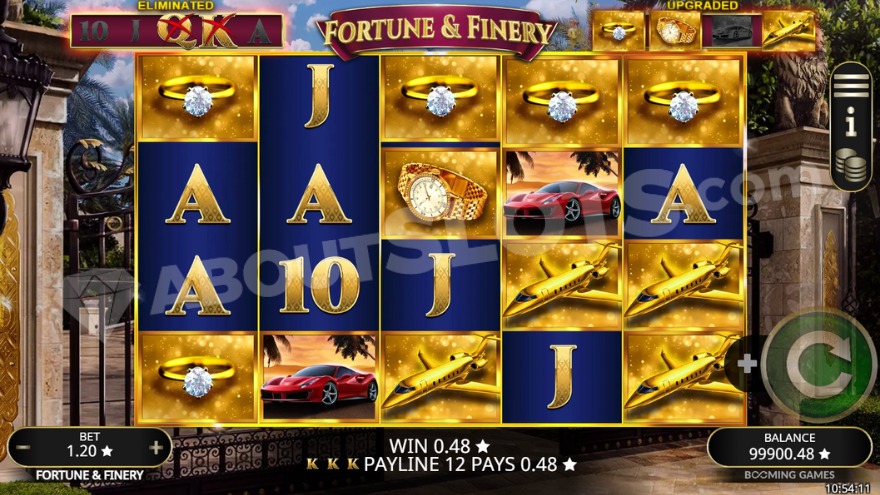 Free Spins bonus game in Fortune & Finery slot, showing Q and K symbols being removed in the top left corner.