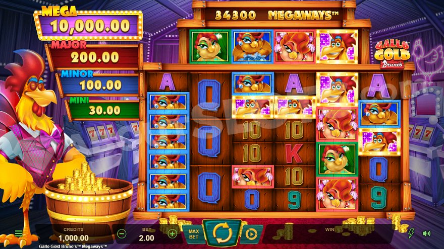 Reels with hen and chick symbols on the right, and jackpot display on the left.