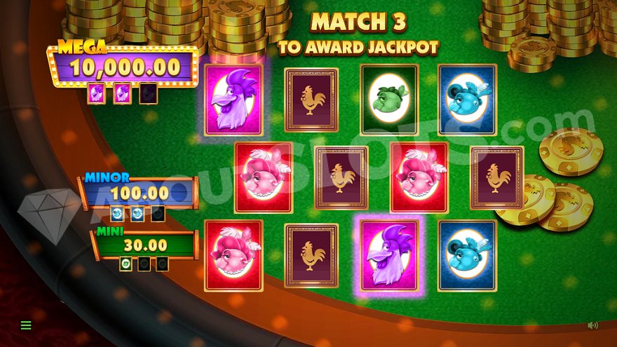 Twelve playing cards on a table, eight turned over revealing one of four jackpots.