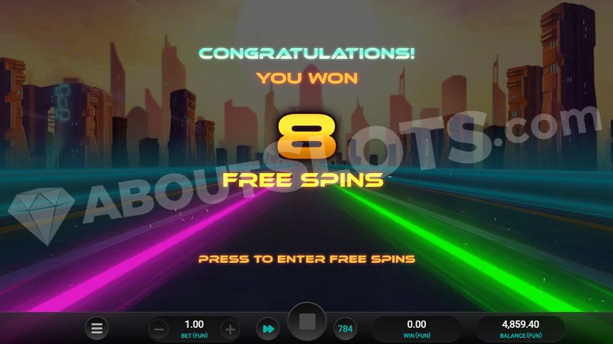 Screenshot displaying a message: "Congratulations, you have won 8 free spins."