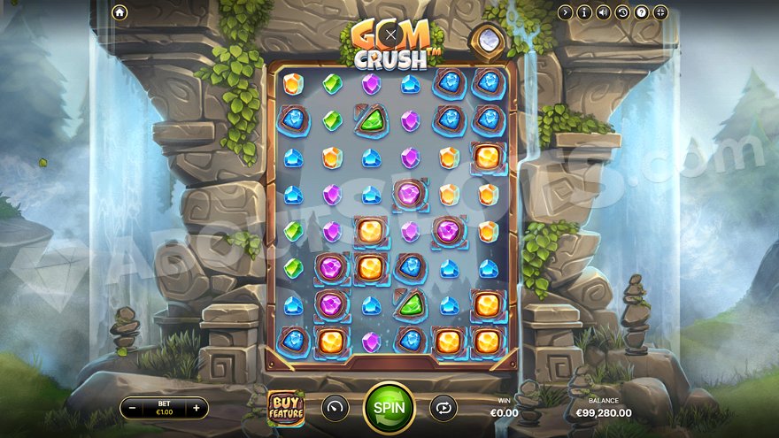 Gem Crush slot game interface against a waterfall landscape.