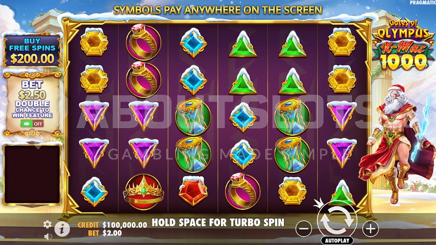 Slot machine with Zeus as Santa next to the reels.