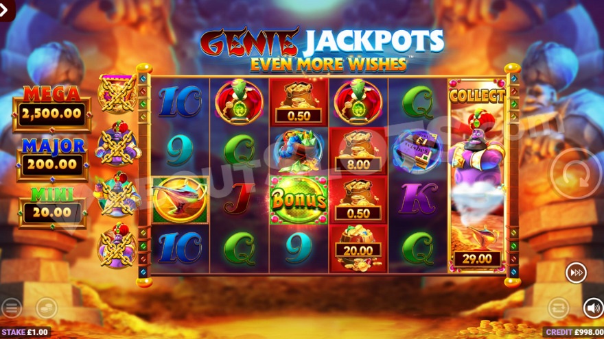 Cash Collect feature activated, with genie collector symbol on the sixth reel.