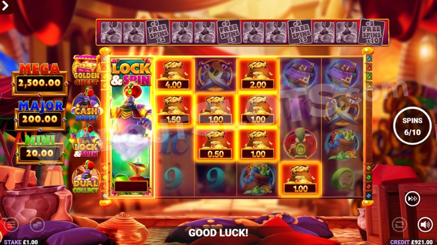 Free Spins feature with Lock & Respin symbol on the first reel.