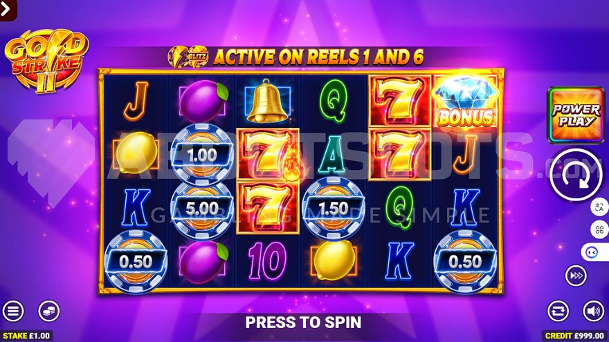 Gameplay of Gold Strike 2 slot on a purple background.
