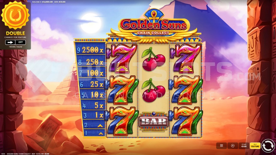 Base game with a pyramid backdrop behind the reels in Golden Suns Chain Collect slot.