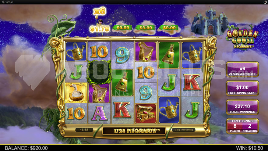 Bonus game with free spins and a current win multiplier of 6X.