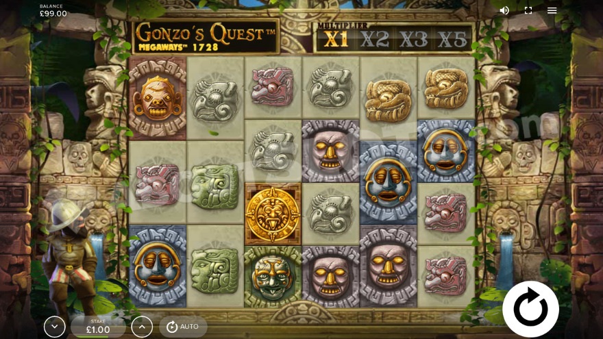 Base game view of Gonzo's Quest Megaways with Gonzo to the left of the reels.