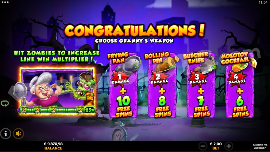 Start screen allowing player to choose one of four options, from 10 free spins with a frying pan with 1 damage point, to 6 spins with a Molotov cocktail with 4 damage points.