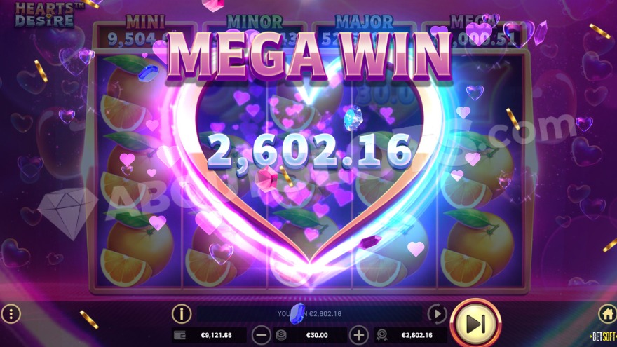 Big win screen in Hearts Desire slot, surrounded by a large heart
