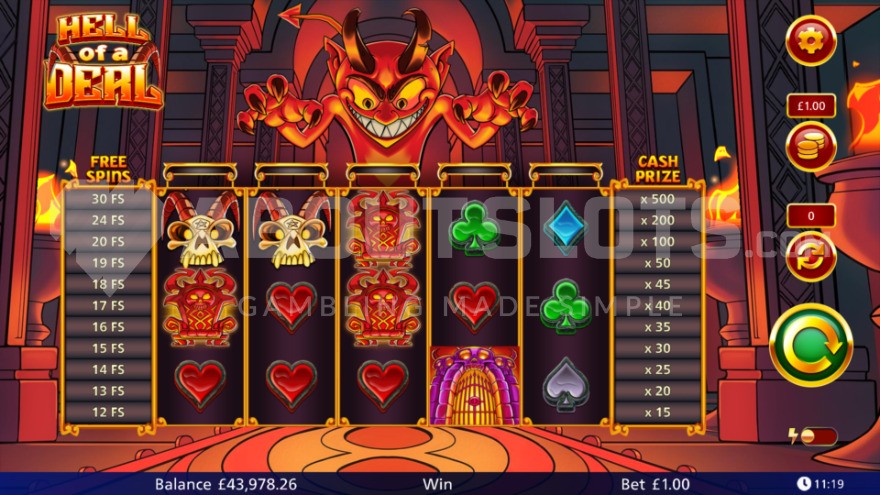The main game of Hell of a Deal, set at the gates of hell with the Devil overseeing the reels