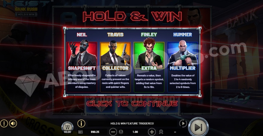 Introduction to the Hold & Win feature, showcasing four special symbols.