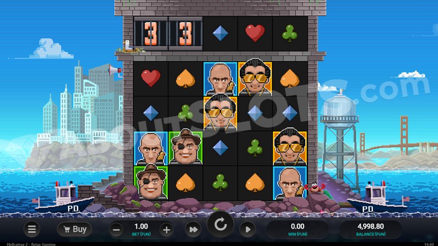 Hellcatraz 2 Dream Drop slot machine on Alcatraz island with San Francisco and Golden Gate Bridge in the background.