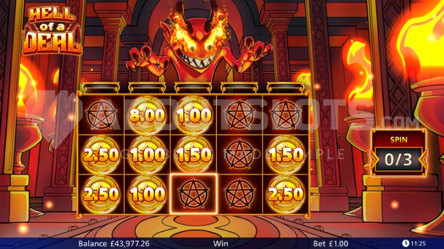 The Hold 'n' Spin Bonus in Hell of a Deal, showing coins and pentagrams on the reels