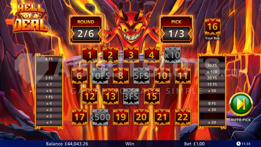 The Hell of a Deal Bonus game, set in the depths of hell with lava flowing around the reels