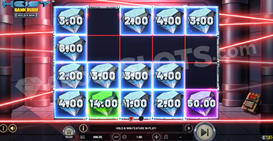 Hold & Win feature with one purple diamond on the fifth reel.