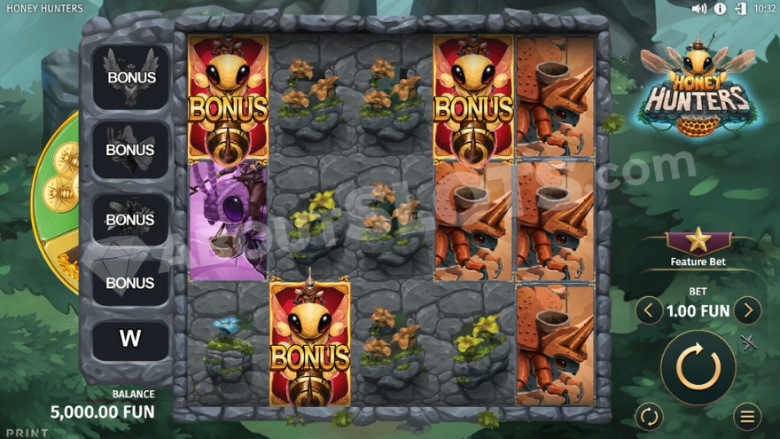 Base game with three scatter symbols on the reels.
