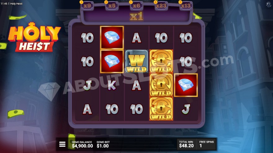Holy Heist Bonus Game with four Wild symbols on the reels.