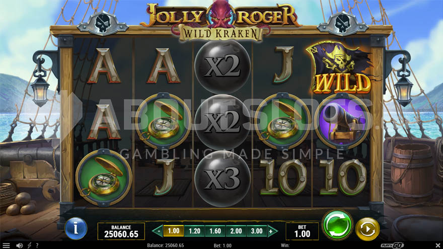 Base game view of Jolly Roger Wild Kraken slot featuring a 5x3 grid with low, high paying, and special symbols.