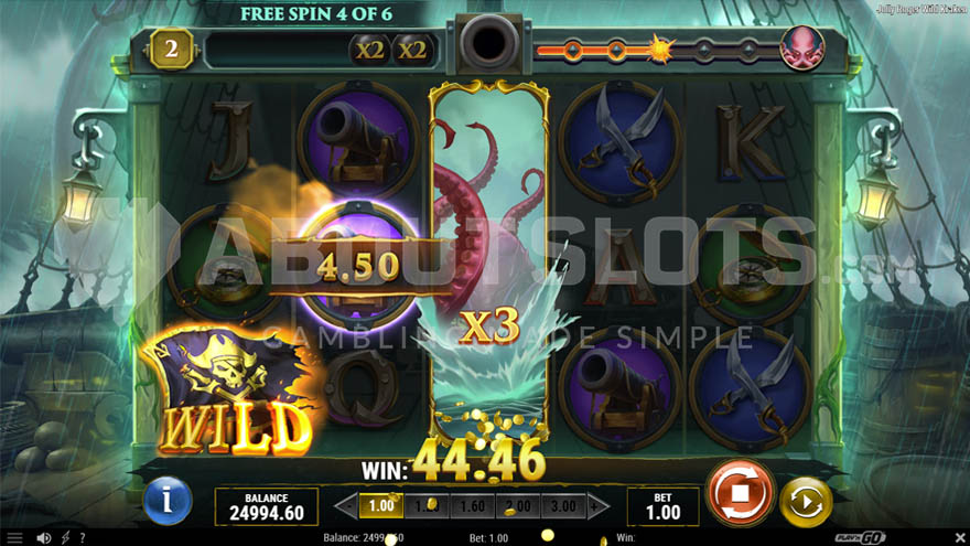 Free Spins round in progress with a moving wild symbol at x3 multiplier and a win across the first three reels.