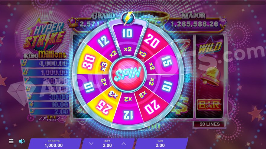 Wheel with 10 segments, from 10 spins with a 2x multiplier to 30 spins with a 3x multiplier.
