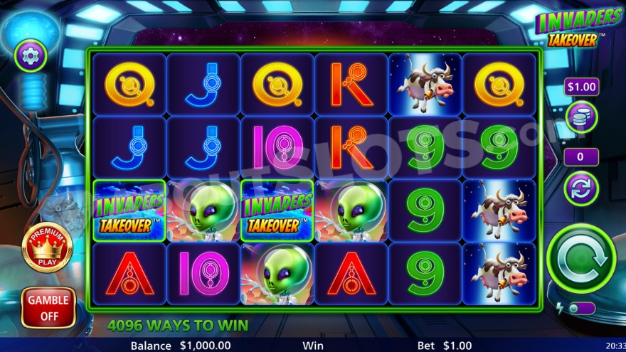 Gameplay of Invaders Takeover slot showing aliens and cows on the reels.