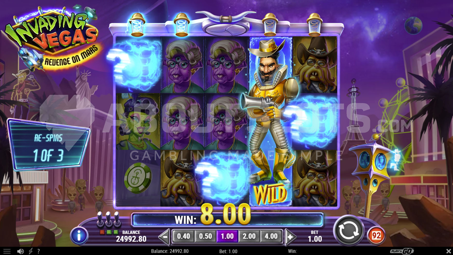 Walking Wild Re-Spin feature activated in the base game. Fully stacked Wild symbol on the 4th reel and 3 Mystery symbols on the game grid.