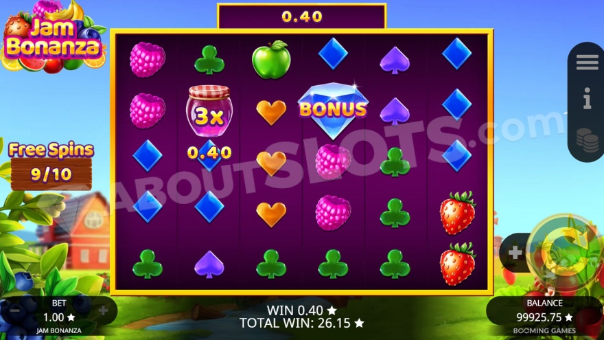 Free spins bonus game with a 3X multiplier symbol on the second reel.