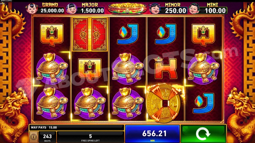 Free Spins bonus game with a golden dragon to the side of the reels.