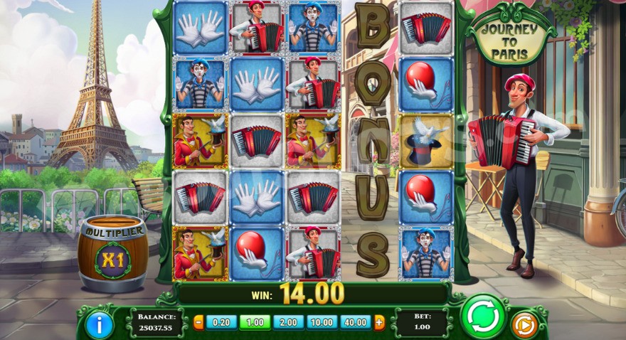 Bonus game activation with the fourth reel showing the word BONUS.