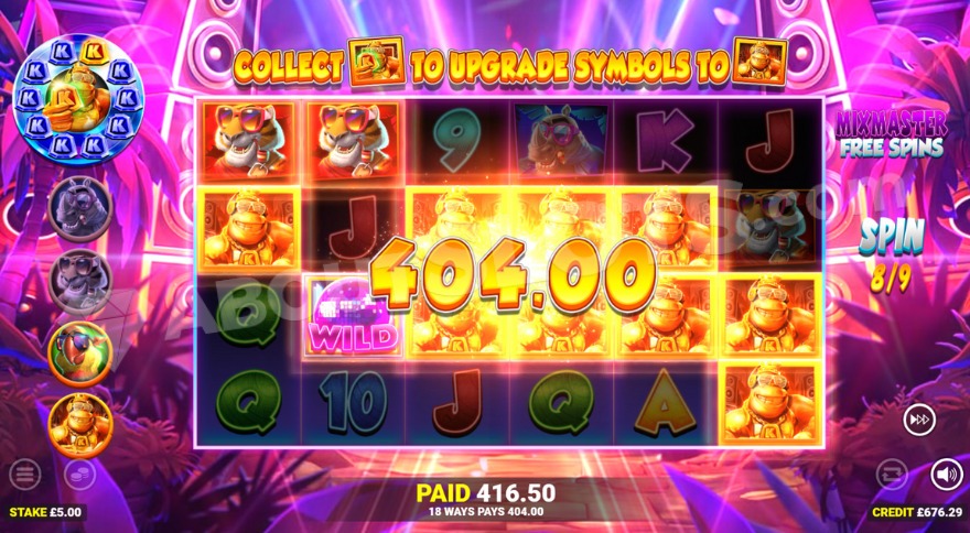 Mix Master free spins feature activated with full paylines of Kong symbols.