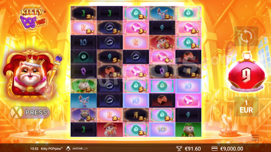 Kitty POPpins Free Spins mode with the King Cat active.