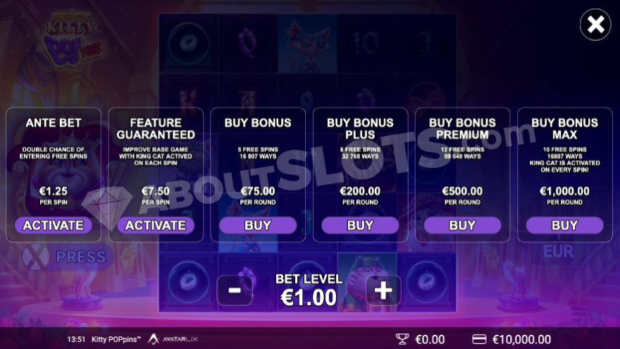 Kitty POPpins Bonus Buy feature with 6 options.