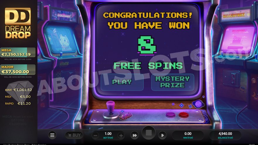 Welcome screen offering 8 free spins or a mystery prize.