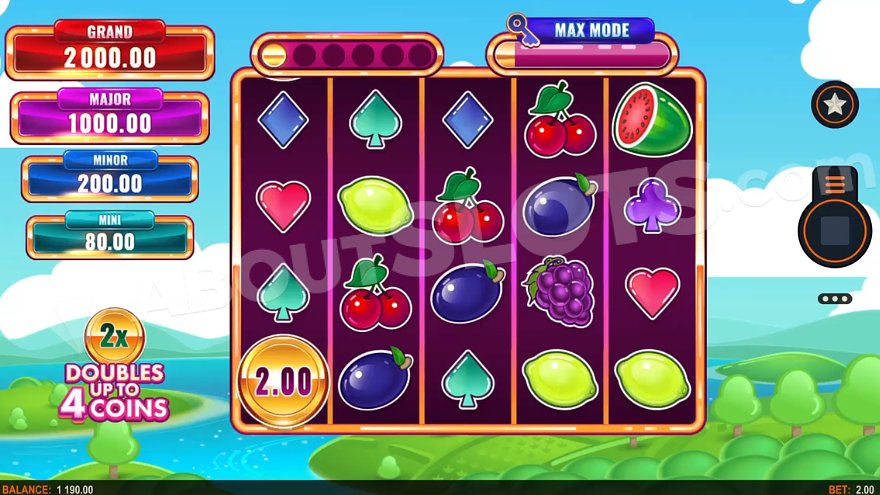 Five reels of the slot against a landscape with a lake and green islands.