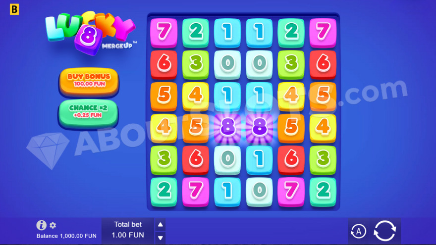 Gameplay in Lucky 8 Merge Up slot, showing colorful symbols with numbers.
