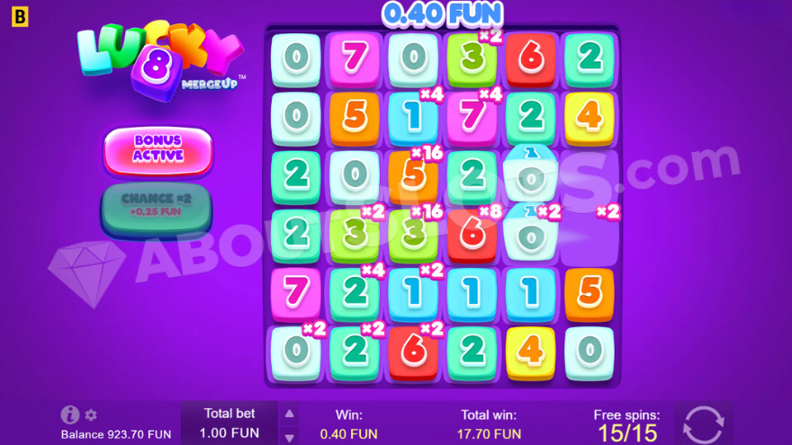 Bonus game in Lucky 8 Merge Up with free spins and multiplier symbols.