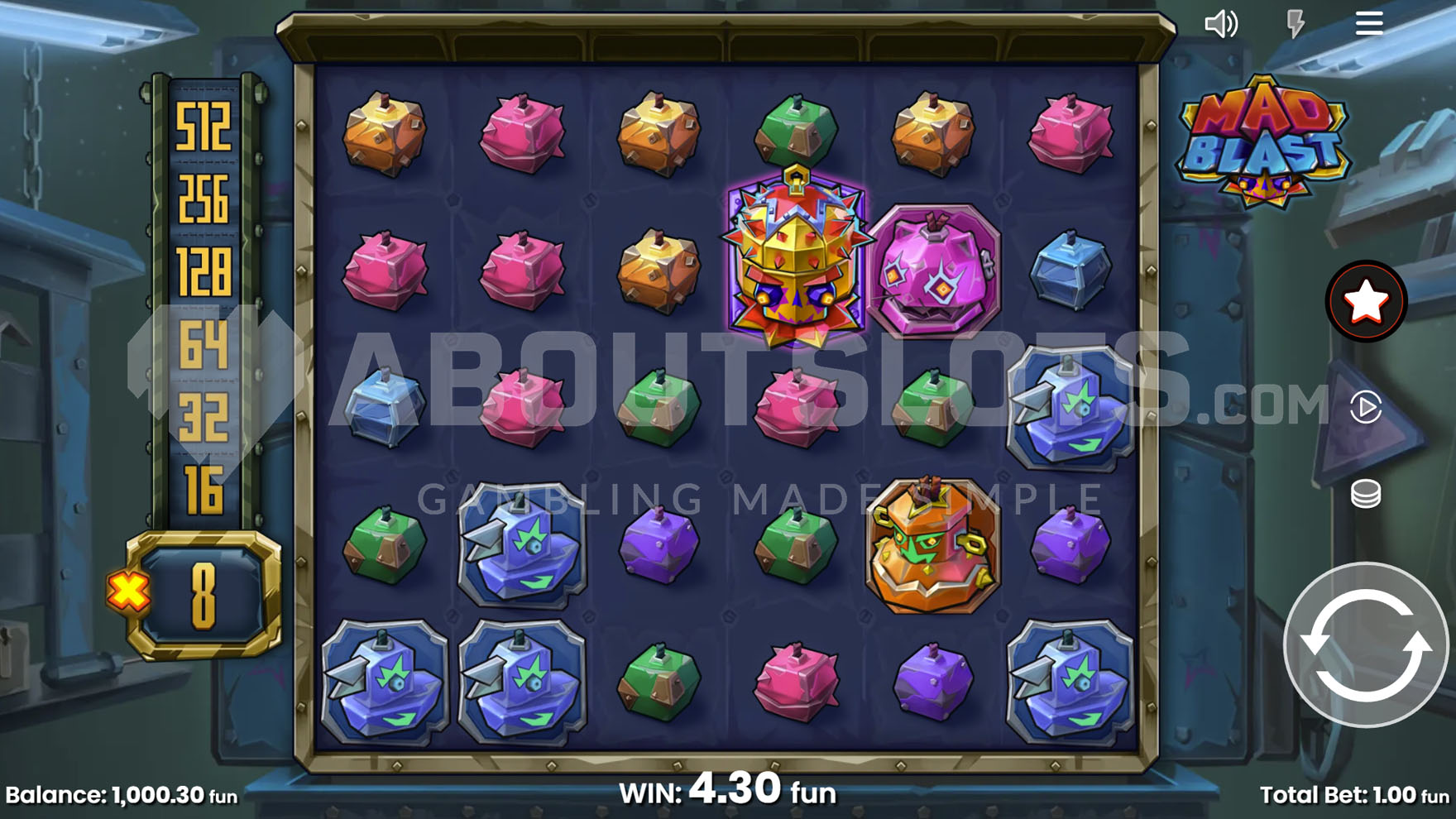 Mad Blast base game view with a 6x5 grid and workshop backdrop. Multiplier scale showing x8.