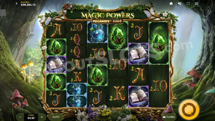Base game featuring an enchanted forest backdrop in Magic Powers Megaways slot.