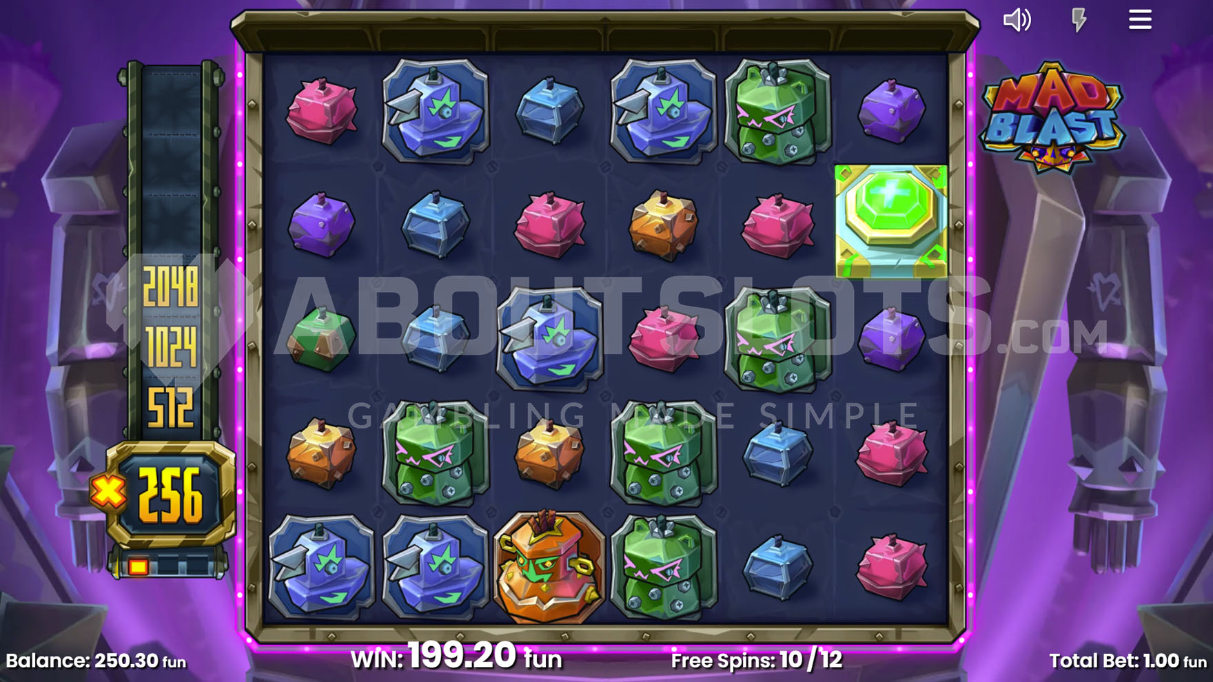 Mad Blast Free Spins bonus with multiple multiplier levels struck out, showing an active x256 multiplier.