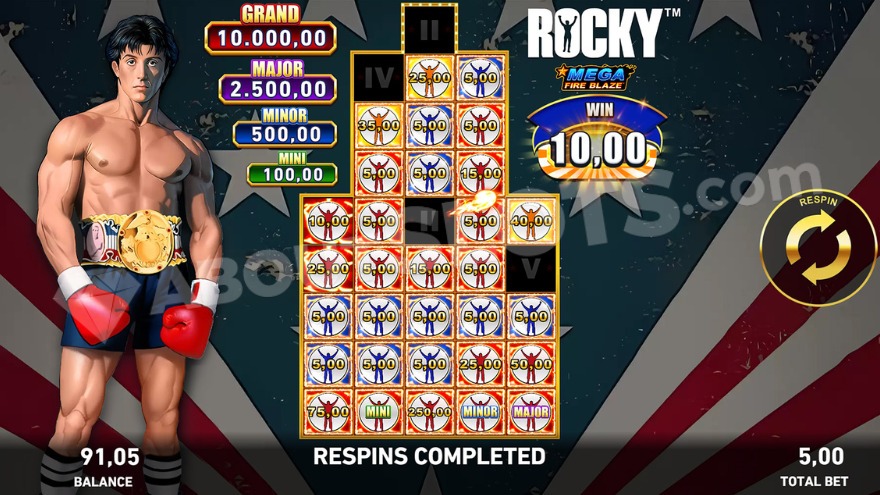 Mega Fire Blaze Hold and Respin feature with Rocky on the left.
