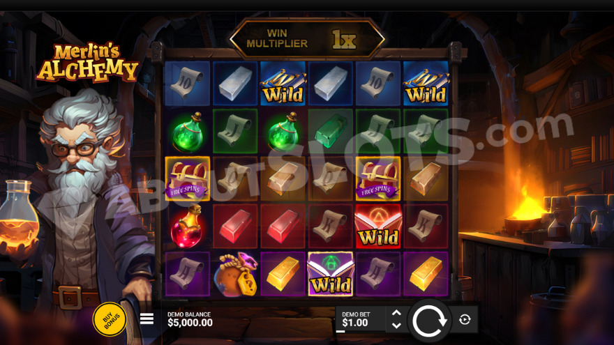 Merlin's Alchemy base game view. Merlin is visible on the left, holding a potion.