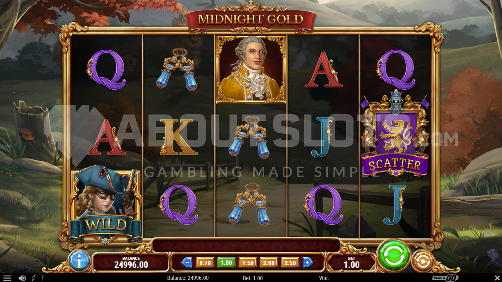 Base game showing a 5x3 grid with a mix of low and high pay symbols, as well as special symbols.