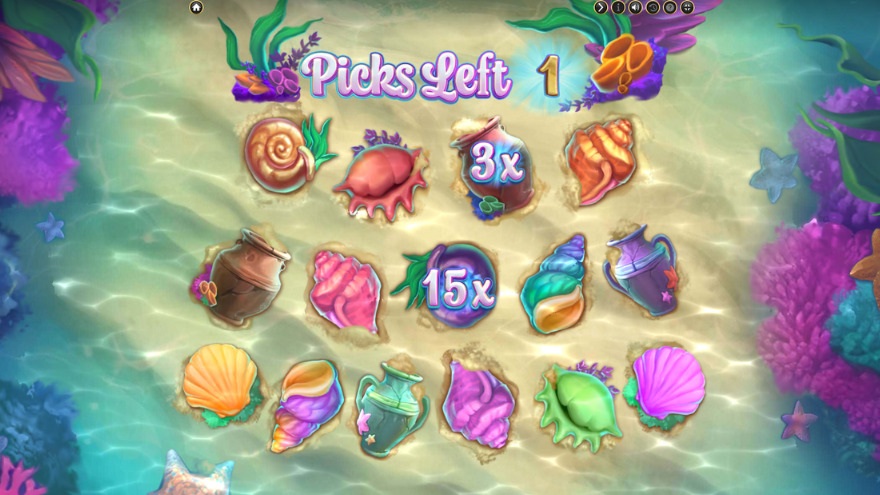 Picker Bonus with two shells opened, showing 3X and 15X multipliers.