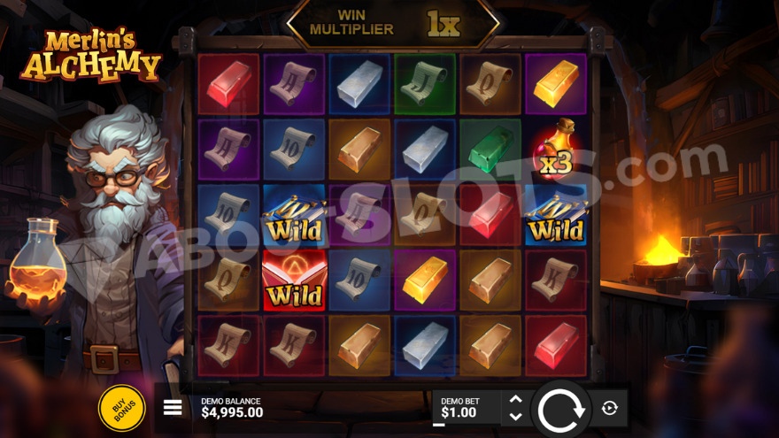 Red potion multiplier symbol in Merlin's Alchemy slot, showing a 3X multiplier.