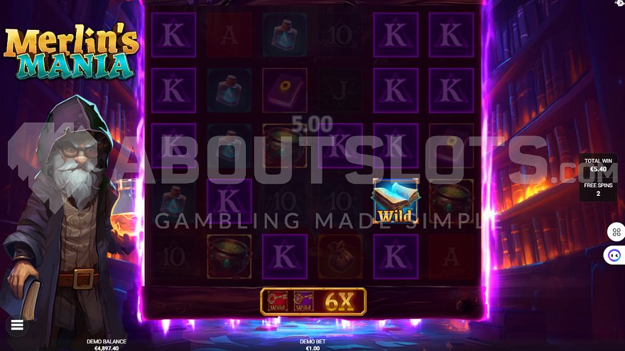 Merlin's Mania free spins bonus feature in the slot game.