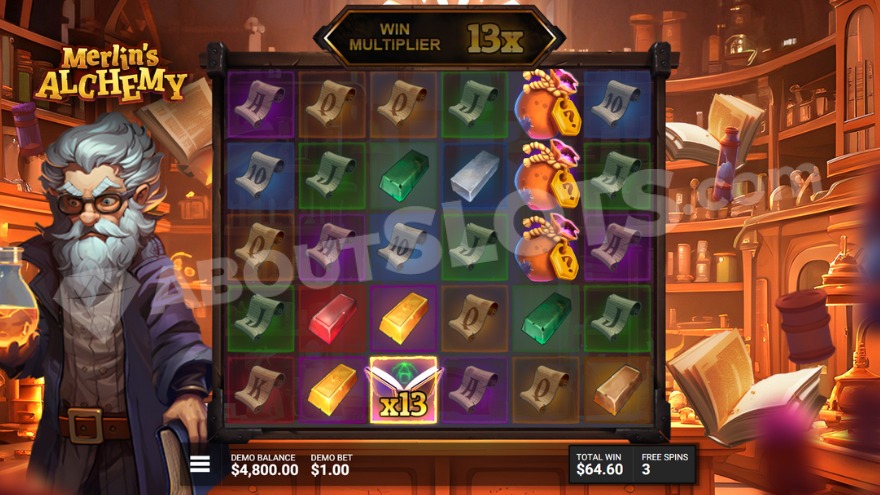 Merlin's Alchemy Free Spins bonus game with a 13X win multiplier.